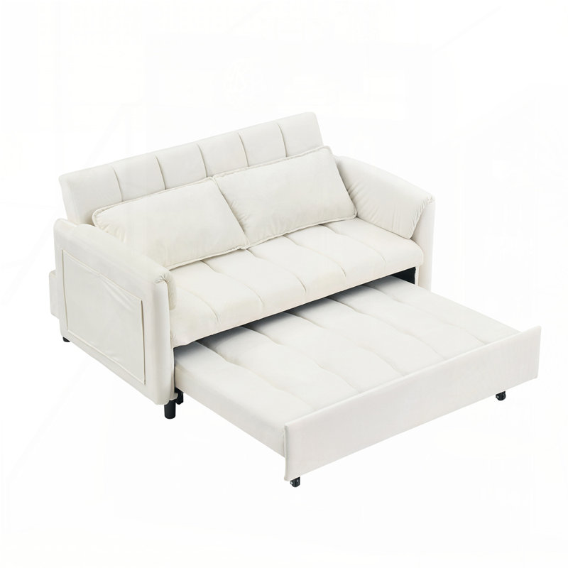55" Two Seater Pull Out Sofa Bed, Adjustable Backrest With USB Ports, Two Side Pockets, Beige Velvet
