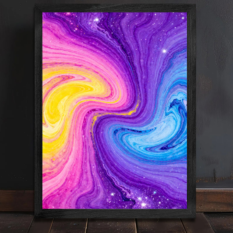 Reproduction encadrée noire de nébuleuses colorées en forme de spirale parsemée d'étoiles qui appartiennent à notre imagination de l'univers