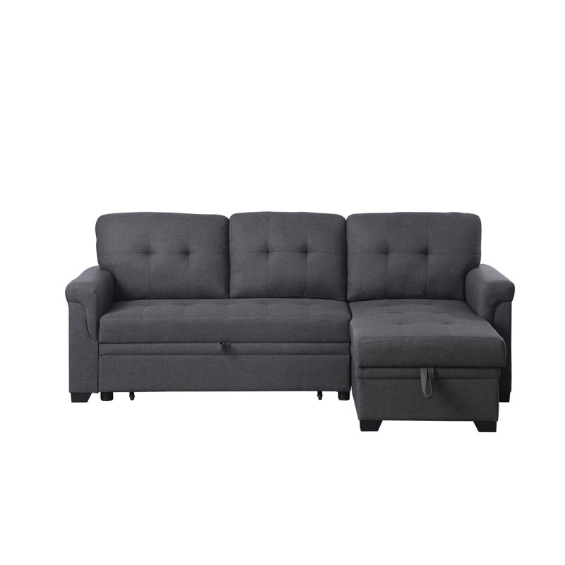 Lucca 84" Dark Gray Linen Reversible Sleeper Sectional Sofa With Storage Chaise, Dark Gray Linen, Left Hand Facing