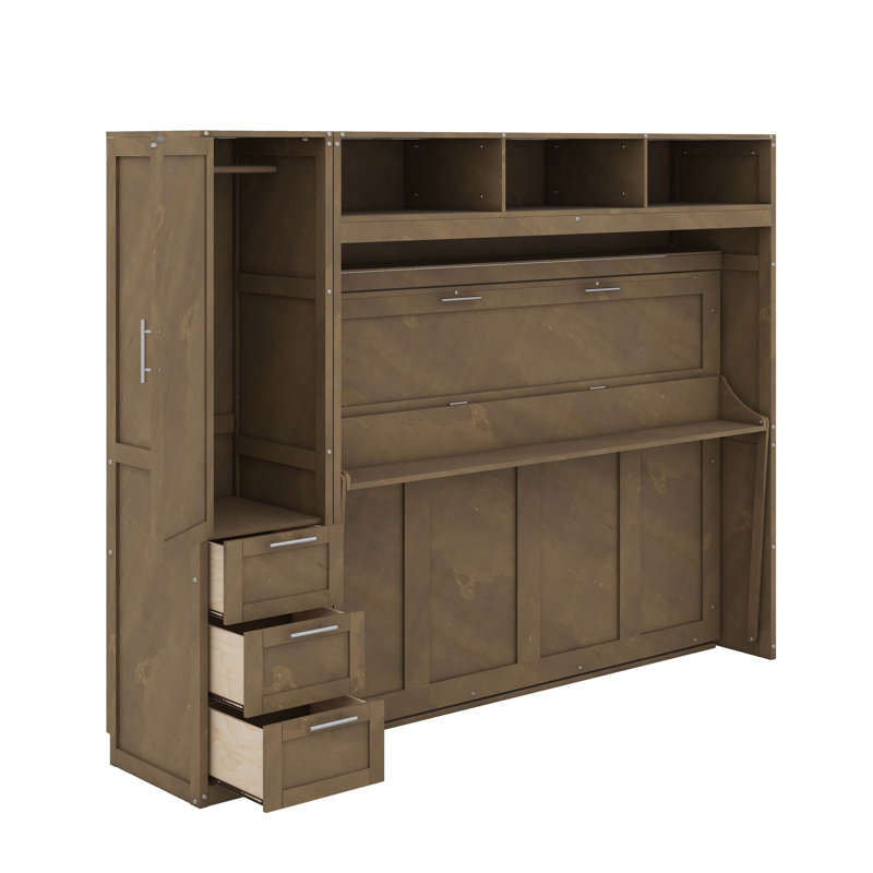 Lit escamotable double avec garde-robe, tiroirs et tablettes