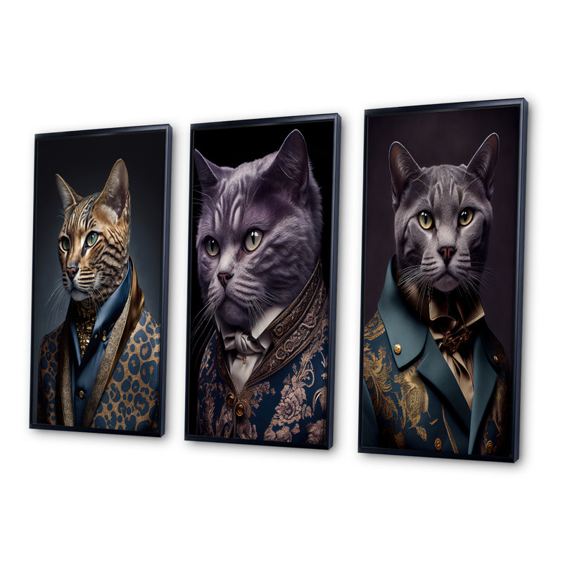 «Stylish Cat In Fancy Blue Fashion Design», 3 pièces sur toile, Cadre flottant noir, H 40 po x l 60 po