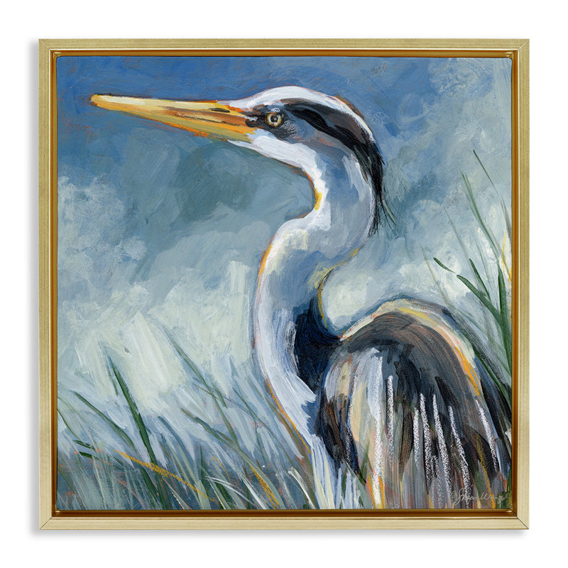 «Heron Gazing with Herbes Floater», art mural par Susan Winget, H 18 po x l 18 po, Cadre flottant métallique doré