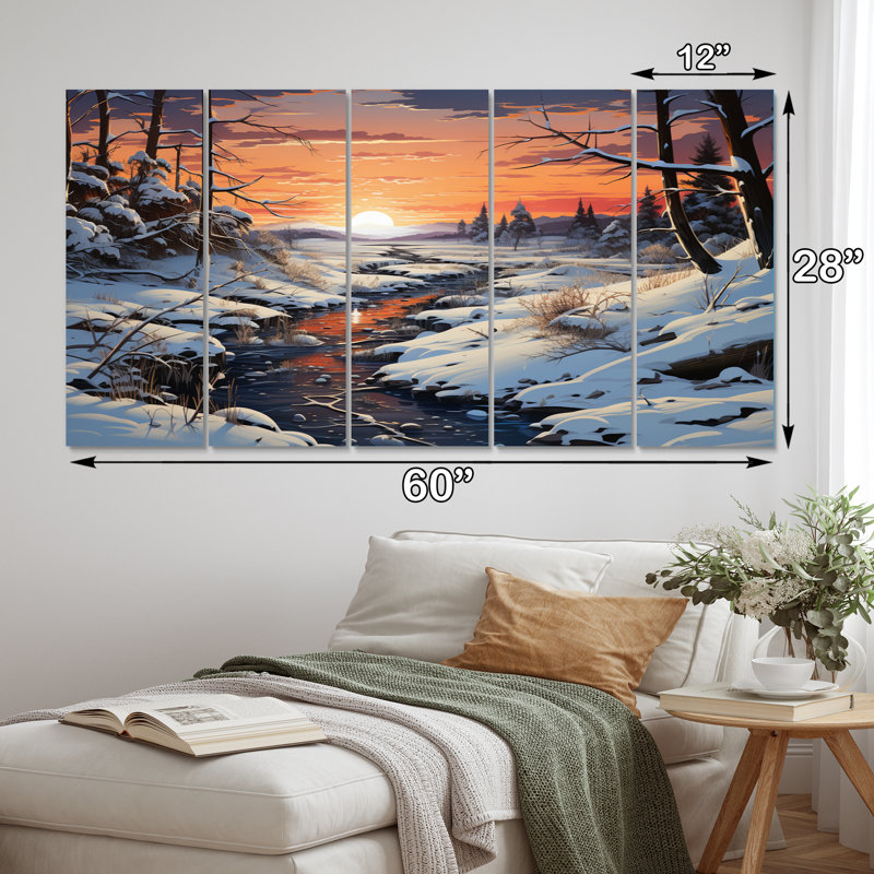 Paysage d'hiver rivière - impression d'art mural paysages - 5 panneaux égaux