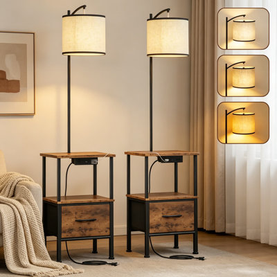 Lampe sur pied avec table d'appoint et station de charge, lampe sur pied à DEL réglable à 3 voies avec tiroir en tissu, table de chevet peu encombrante pour le salon et la chambre à coucher