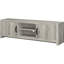 Meuble télé 71 po avec bois flottant gris conifère, forme basse large et rangement caché pour console en bois flottant avec compartiments design