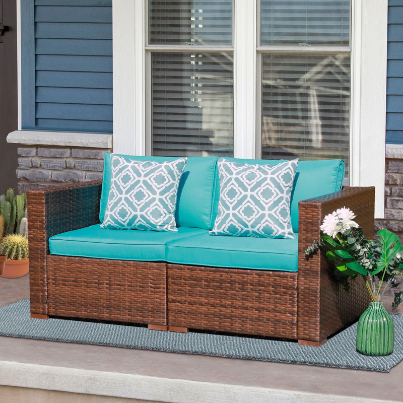 Gerdt 59.2'' Wide Wicker Loveseat with Cushions, Blue Cushion//Brown Frame