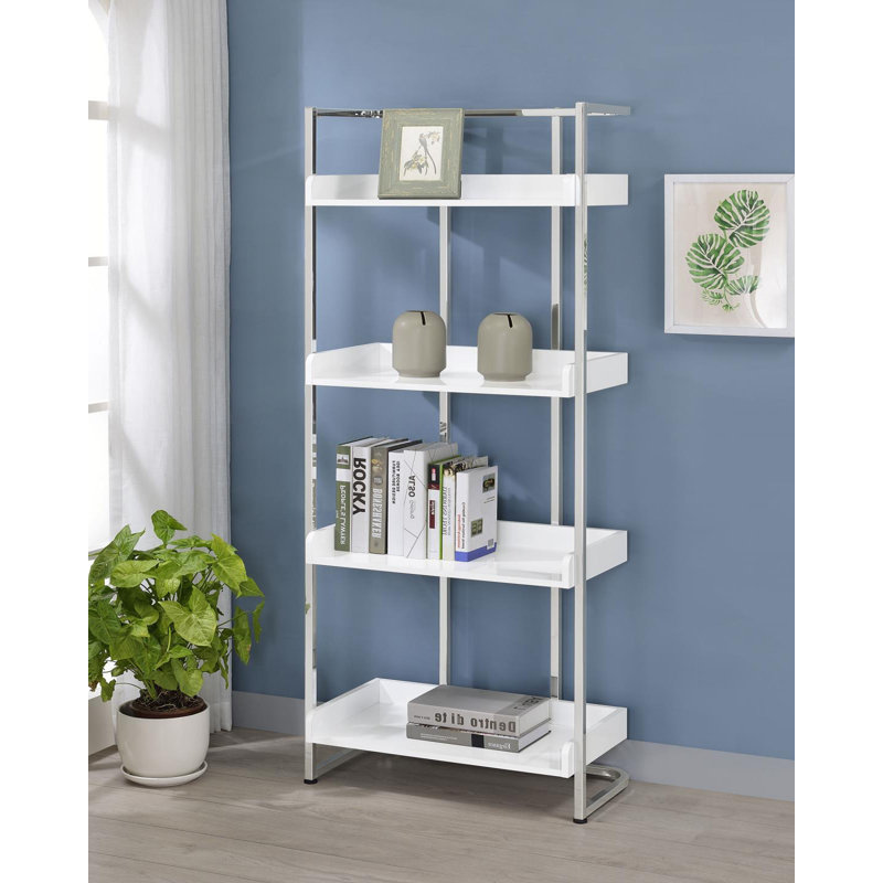 4 - Shelf Etagere Bookcase, High Gloss White/Chrome