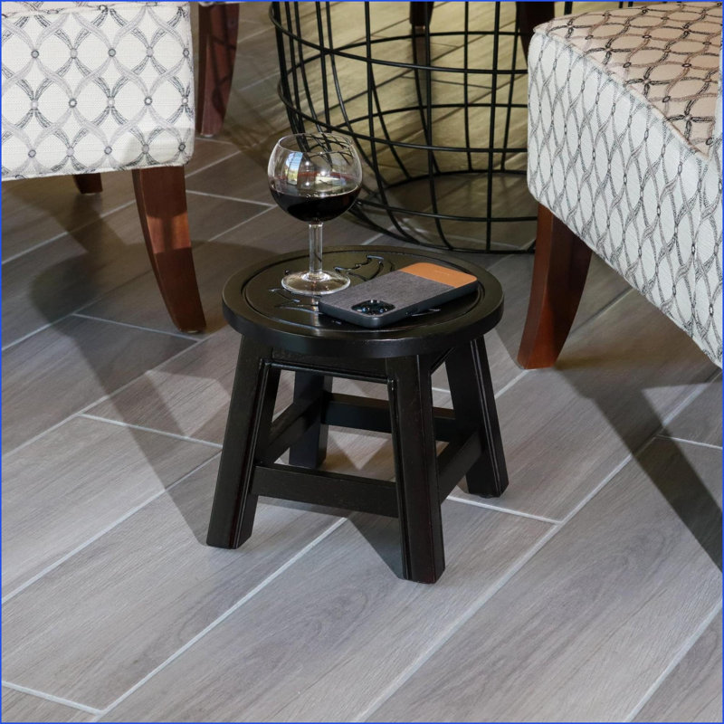Step Stool Ottoman, Carved Maple Leaf Rubberwood Espresso | Wood | Compact, Black