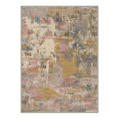 Machine Washable Abstract Ivory / Pink / Gold Area Rug With Non-Slip Backing