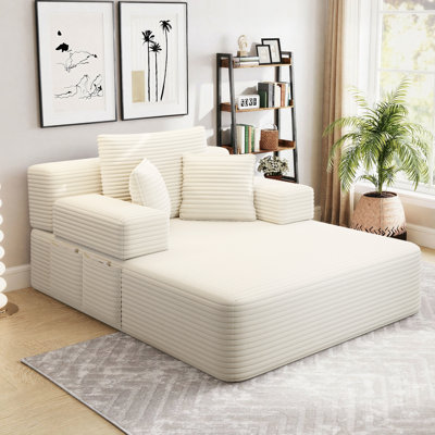 Oversized Compression Chaise Lounge Corduroy Convertible Sleeper Couch Bed with Storage Pockets