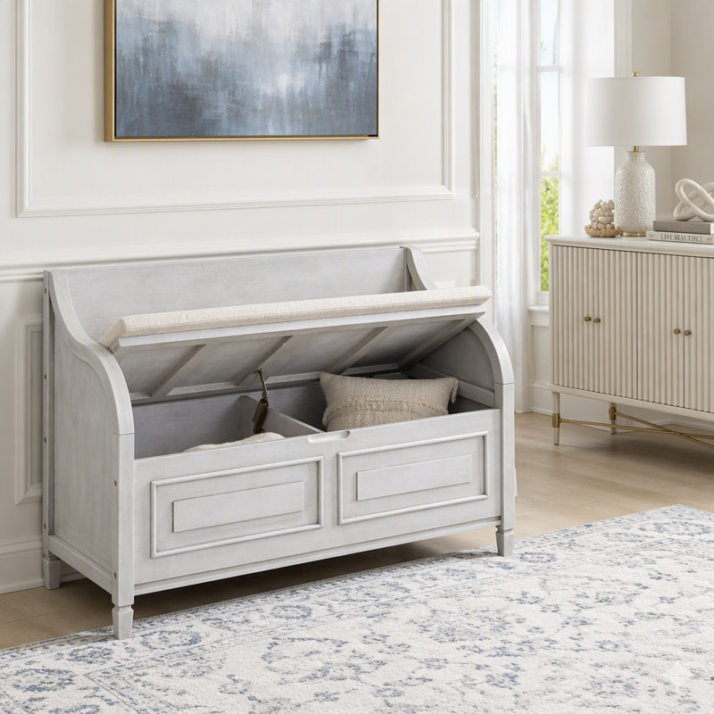 Banc de rangement multifonctionnel en bois massif pour entrée avec charnière de sécurité, Gris délavé
