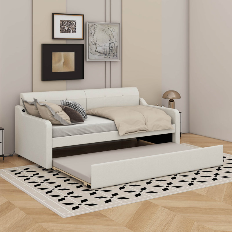Twin Upholstery Daybed With Trundle And USB, Beige