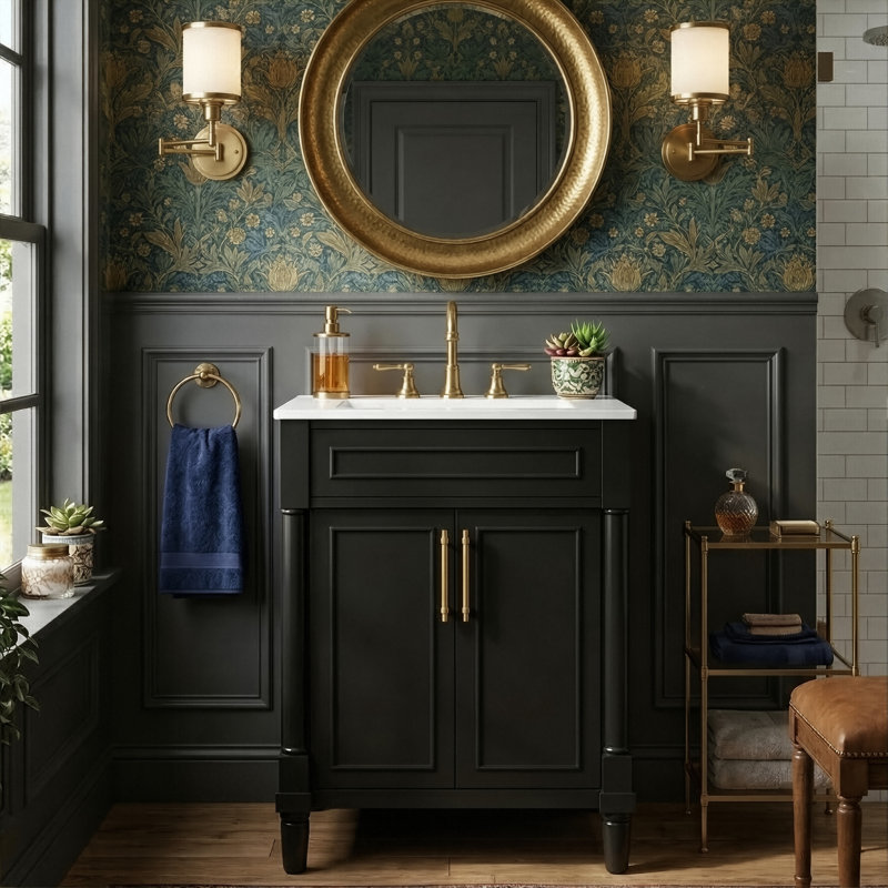 Tour de meuble-lavabo simple 24 po avec lavabo en céramique et armoire 2 portes en bois massif, Noir
