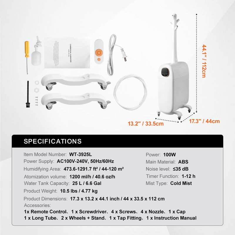 Humidificateur commercial 6,6 gallons brume fraîche pour recharge supérieure jusqu'à 1291,7 pieds carrés