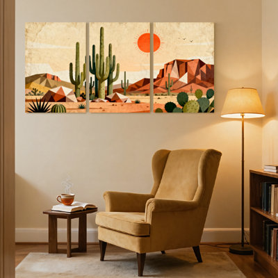 Landscape & Nature Desert Landscape With Cacti And Sun Set of 3 Canvas Wall Art Prints