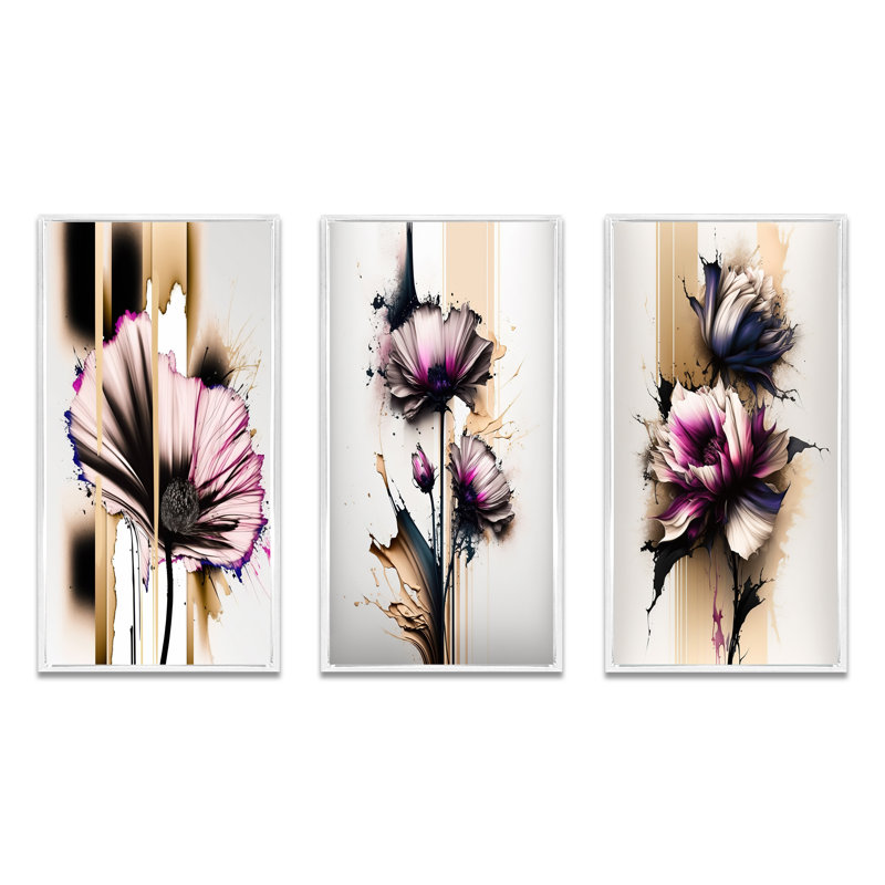 Gerbera rose sur une fusion abstraite - ensemble d'art floral et botanique de 3 pièces, Blanc, H 32 po x l 48 po