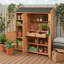 Abri de jardin extérieur avec trois portes, sept tablettes, deux tiroirs, six crochets et un poste de travail-132664369