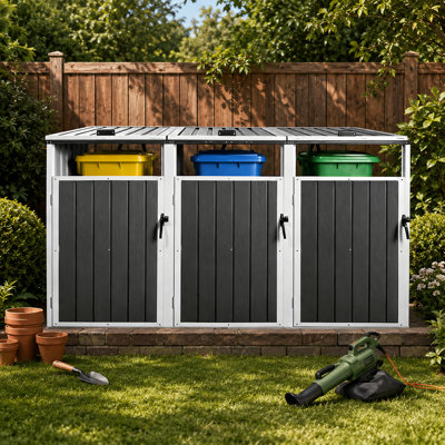Outdoor trash can storage shed with lockable door and hinge covers, designed to hold three trash cans (standard 50-gallon or 45-gallon), dark gray