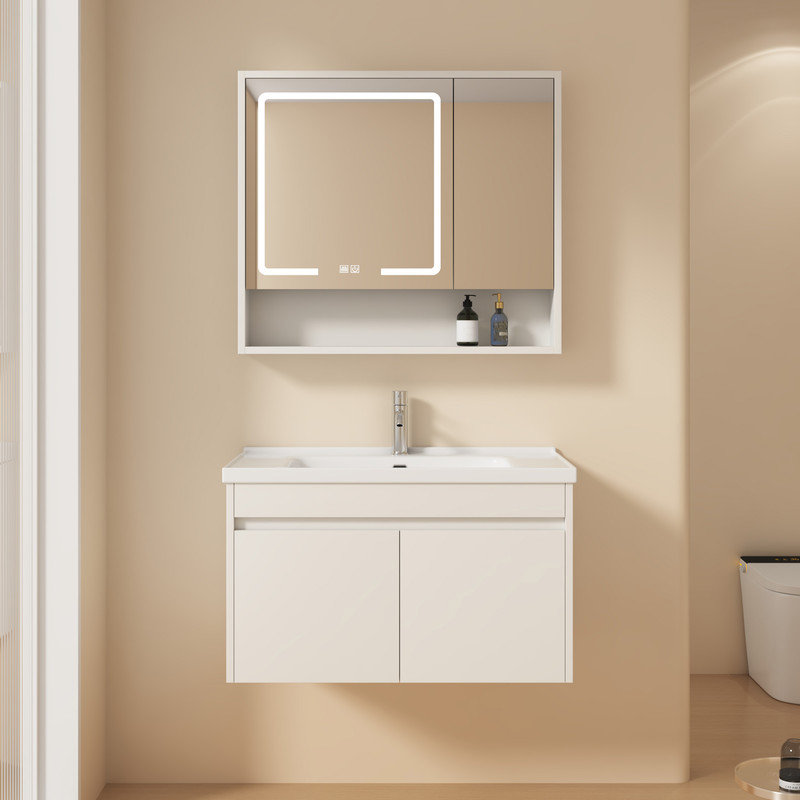 32 Inch Modern Floating Bathroom Vanity with LED Mirror Cabinet &Ceramic Sink Set,Wall Mounted Vanities with LED Medicine Cabinet&Lights&Mirror,Defog,Dimmer,(No Faucet)