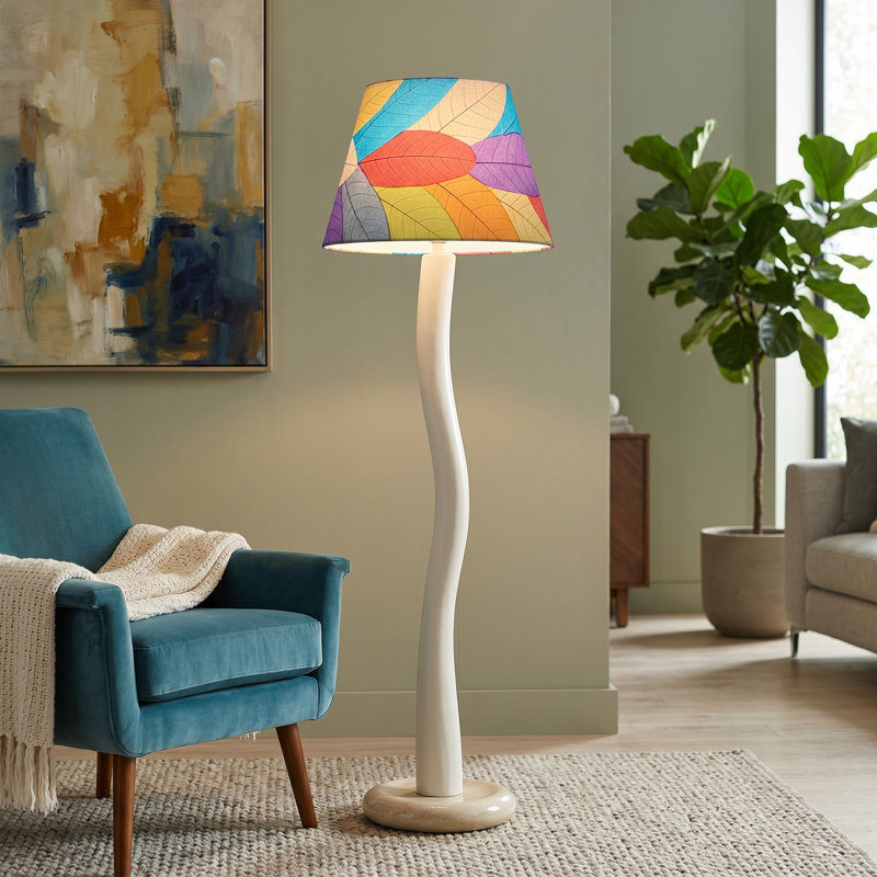 Real Leaf Drum Lamp Shade in Red/Blue/Pink, 11" H x 16" W x 16" D, Red/Blue/Pink