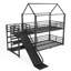 Lit superposé simple en métal avec escalier de rangement, glissière, rails de sécurité, noir-331684954