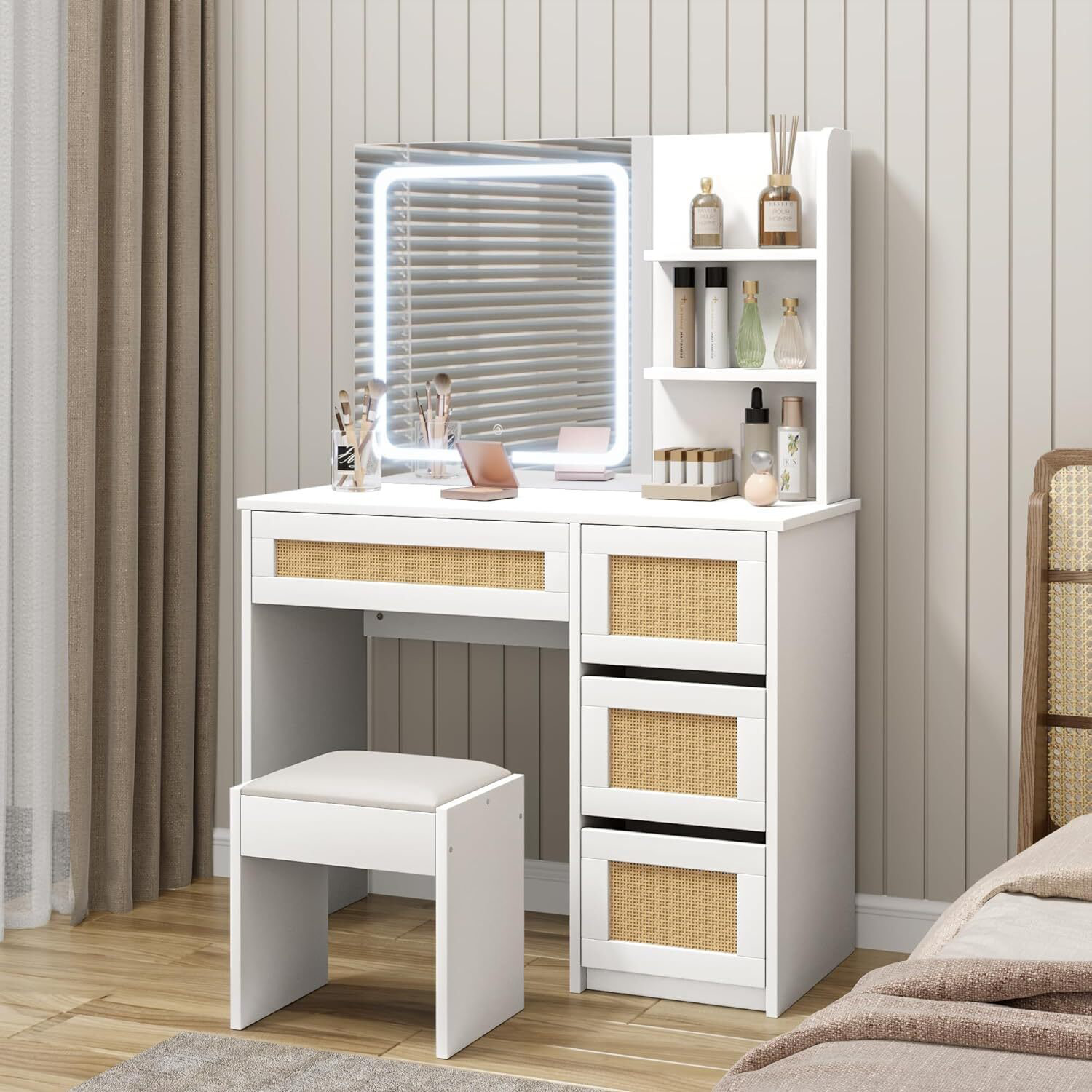 Bay Isle Home Rattan Makeup Vanity Desk With Charging Station, Vanity Desk With Mirror Wayfair