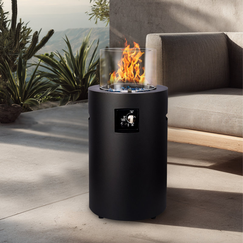 Propane Fire Column, 50,000 BTU Outdoor Gas Fire Pit with Hidden Tank Storage, Glass Wind Guard for Garden, Backyard, Black