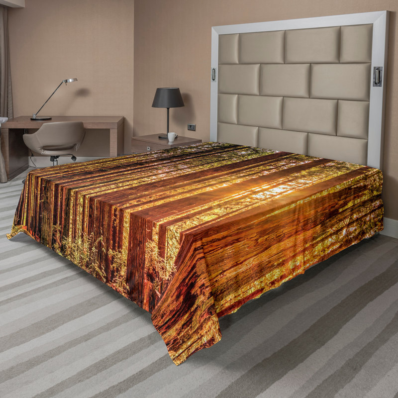 Ambesonne USA Top Flat Sheet Redwoods Forestry Orange Dark Brown Green, Queen