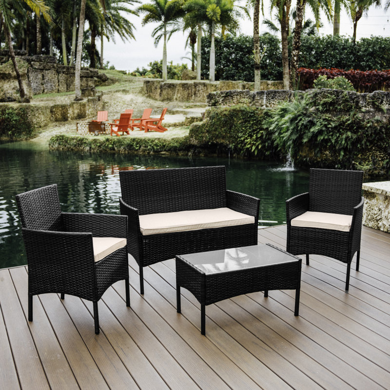 4-Person Outdoor Seating Group with Cushions, Black Frame/Beige Cushion