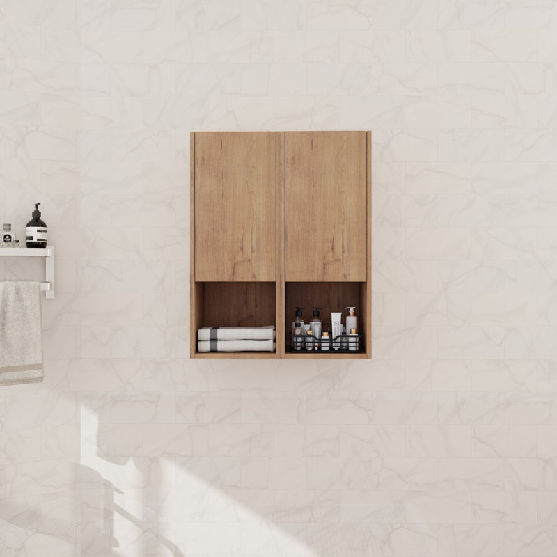 Wall Mounted Bathroom Side Cabinet With Soft Close Door And Shelf, Natural