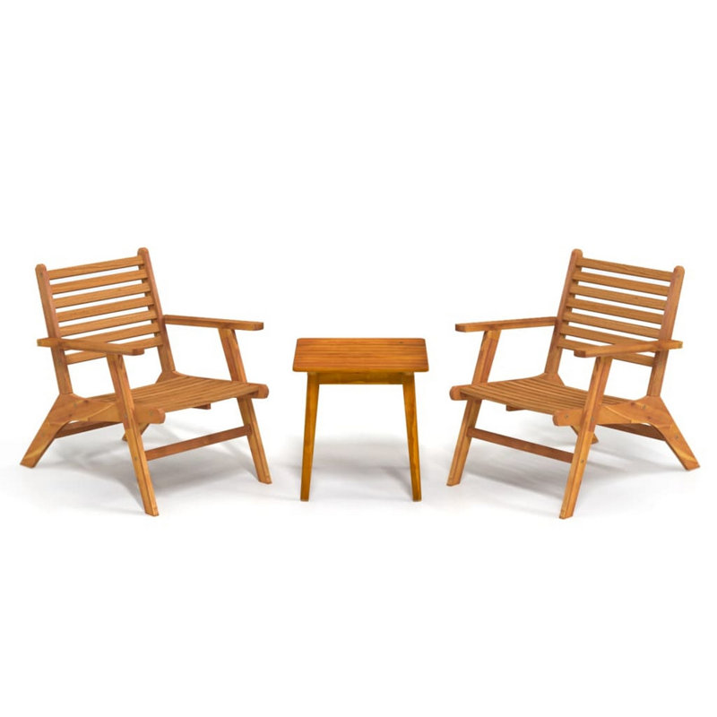 Ensemble de 3 tables à thé d'extérieur, 2 chaises, en bois d'acacia brun à lattes