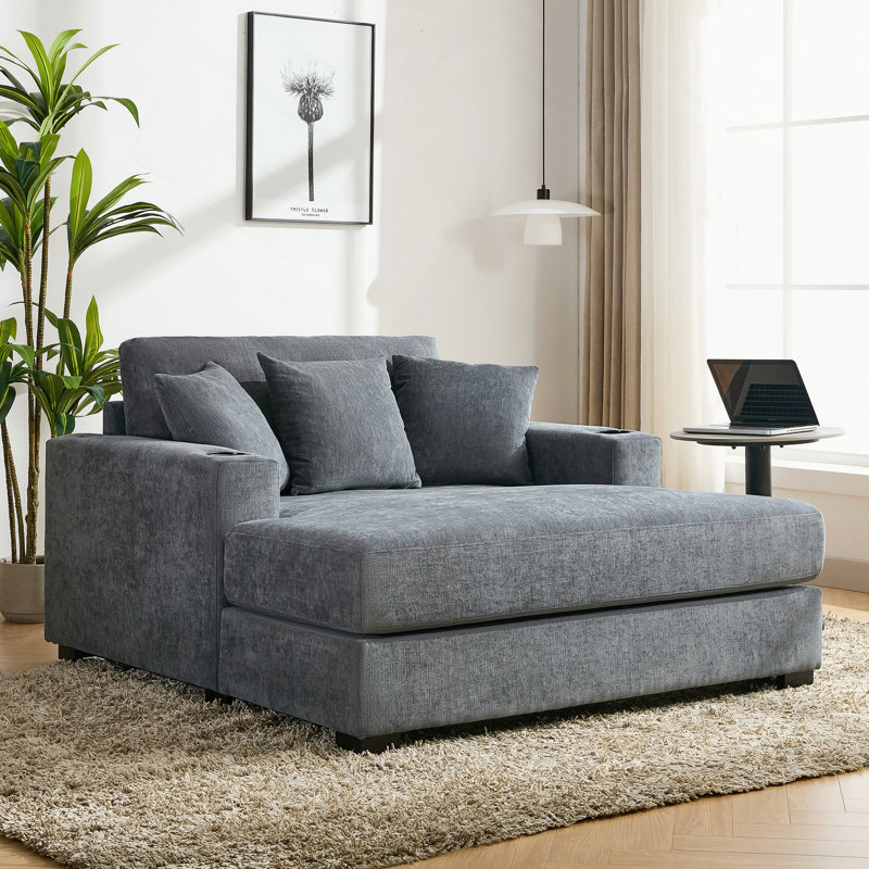 Très grand canapé-lit de style moderne de 55 po avec coussins, station de charge et porte-gobelets, tissu chenille