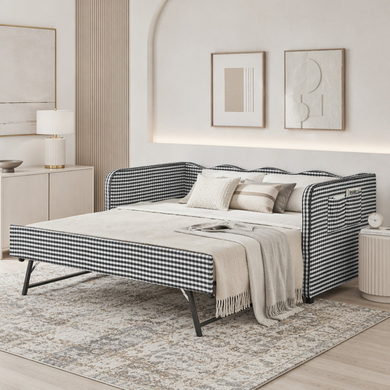 Lit de jour simple en vichy convertible 3 en 1 avec couchette et poches de rangement, Black
