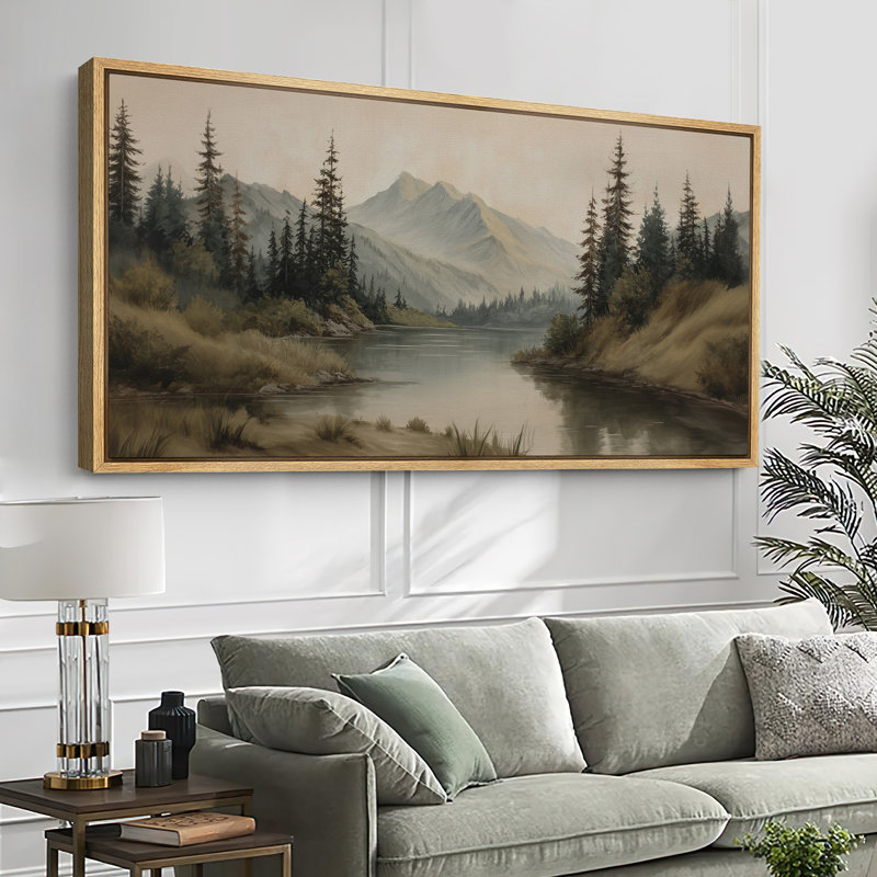 Misty Mountain Lake with Pine Forest - Pictures Extra Large Framed Canvas Print Wall Art, Natural Floater Framed