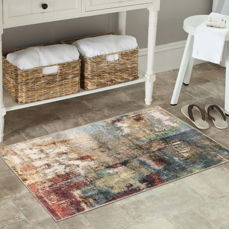Modern Abstract Area Rug -  2x3 Feet Washable Small Entryway Rug For Kitchen Non-Slip Front Doormat, Contemporary Faux Wool Soft Floor Indoor Carpet For Bathroom,Red/Multi