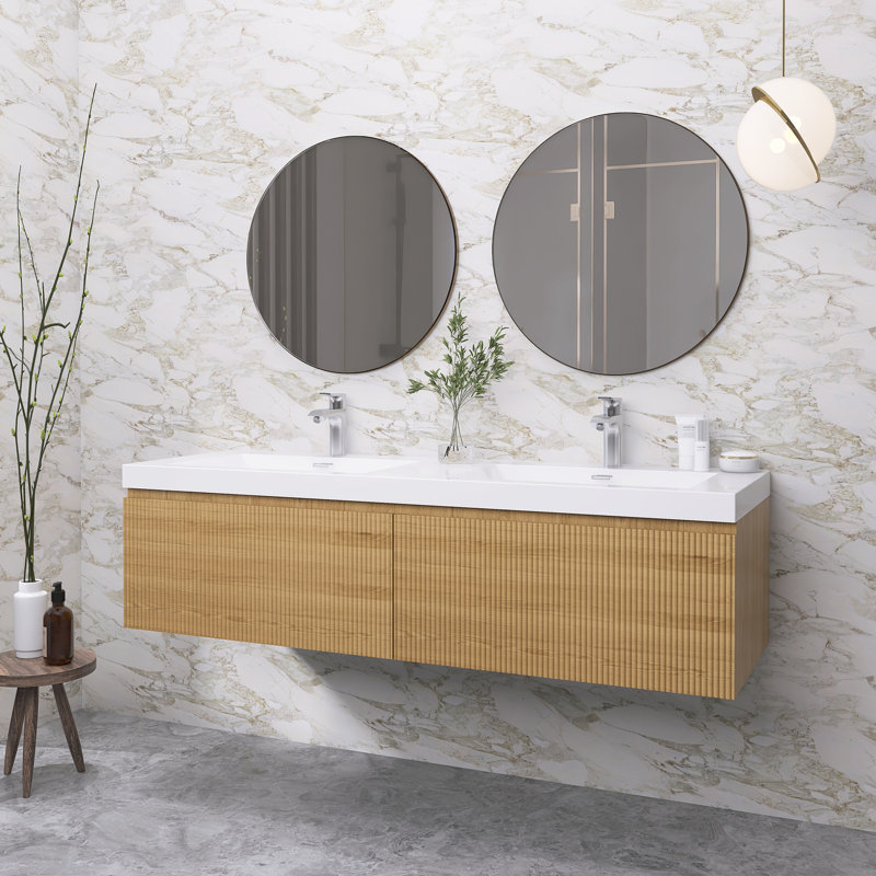 Meuble-lavabo moderne à rayures avec lavabo double, 59"