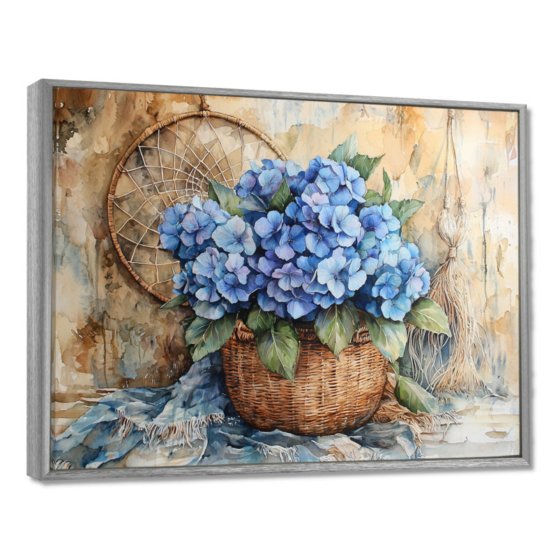 Boho Blue Hydrangea Bliss II - art mural d'hortensia pour le salon, H 16 po x l 32 po, Impression sur cadre flottant