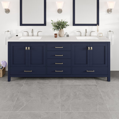 Minnich 78"W X 22"D Blue Double Sink Bathroom Vanity With White Carrara Quartz Countertop And Undermount Porcelain Sinks