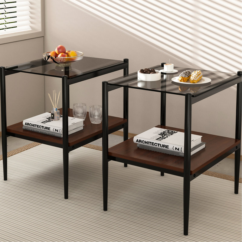 2 Living Room End Tables - Grey Tempered Glass And Robust Construction 2Pcs Contemporary With Shelving For, Black/Brown, Gray