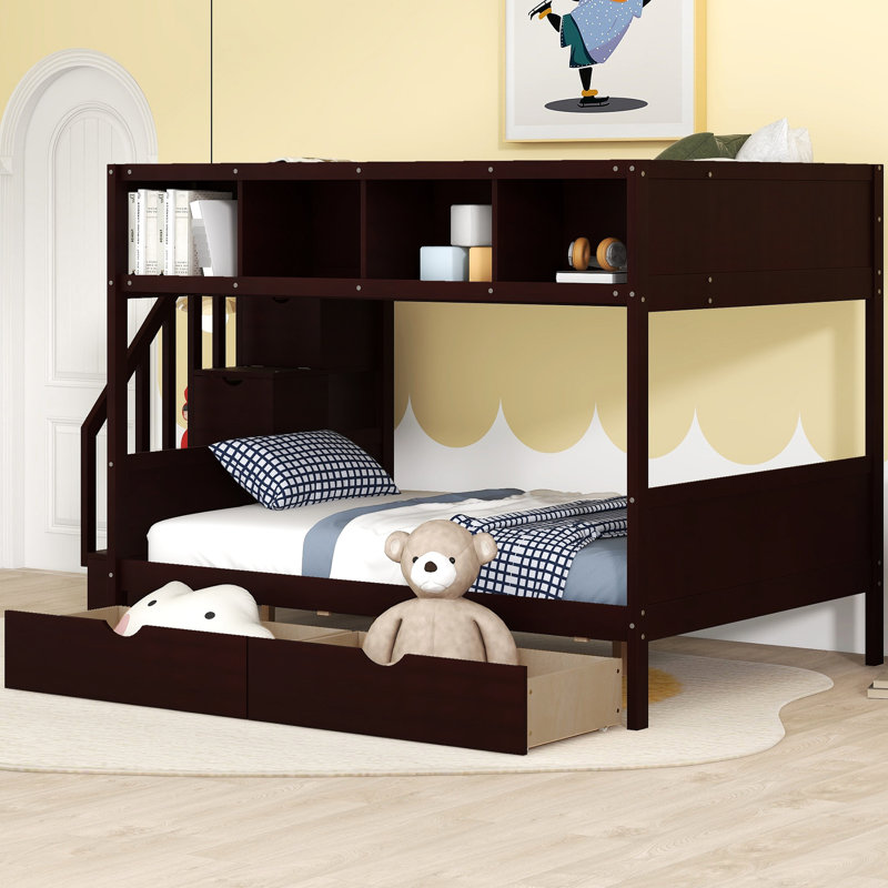 Lit superposé simple au-dessus de double avec tablette, escalier de rangement et 2 tiroirs - Transformez votre chambre à coucher de couleur supplémentaire et économisez de l'espace