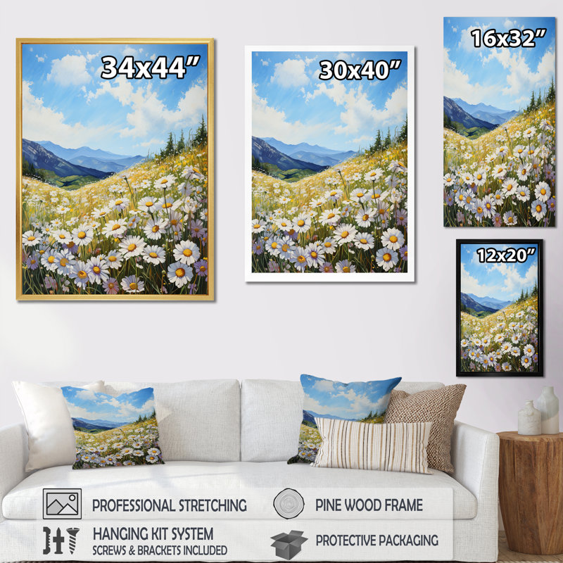 Mountain Daisies On Hill, reproduction d'art sur toile, Cadre doré simple, H 32 po x l 24 po x P 1 po
