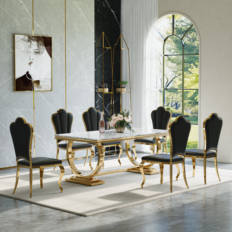 Ensemble de table de salle à manger 7 pièces, table de salle à manger en placage de marbre et 6 chaises en cuir, Marbre blanc