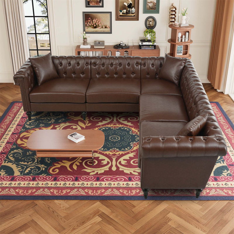 Canapé modulaire réversible en L Chesterfield, Marron foncé