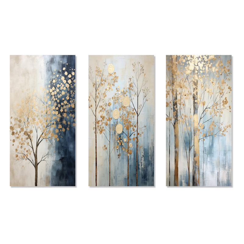Or et bleu, trésors, paysages, arbres, ensemble de 3 impressions sur toile, H 28 po x l 36 po, Toile tendue