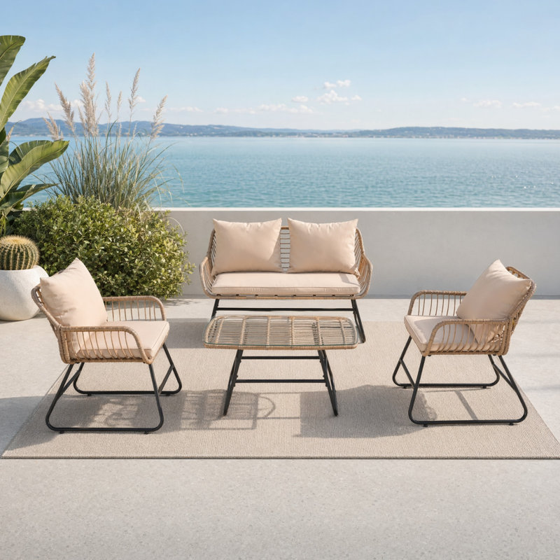 Ensemble de conversation pour 4 personnes en osier avec causeuse, 2 fauteuils et table basse avec plateau en verre, Beige