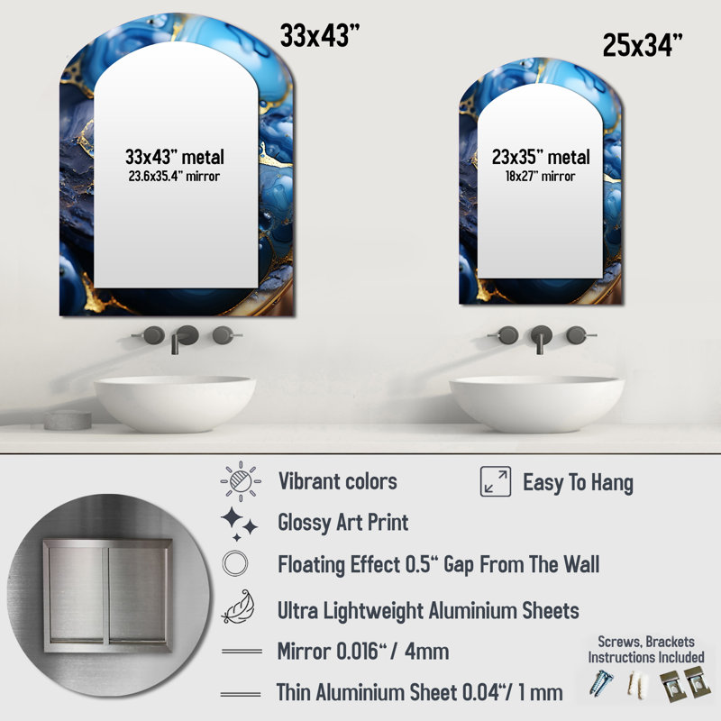 Gold and Sapphire Blue Marble Mosaic I - Abstract Asymmetrical Mirror, Gold Arch Unique Wall Mirror, Printed Metal Art