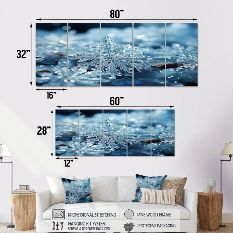«Sunrise Snowflake Tranquility V - Winter Landscape», art mural 5 pièces, H 28 po x l 60 po