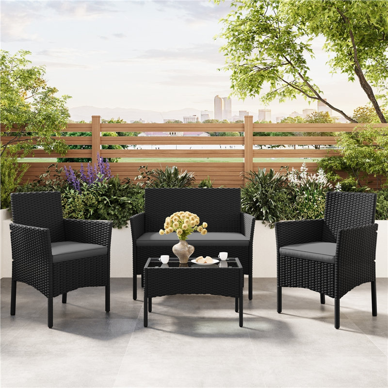 Patio Conversation Set with Cushions for Porch, Grey, Black