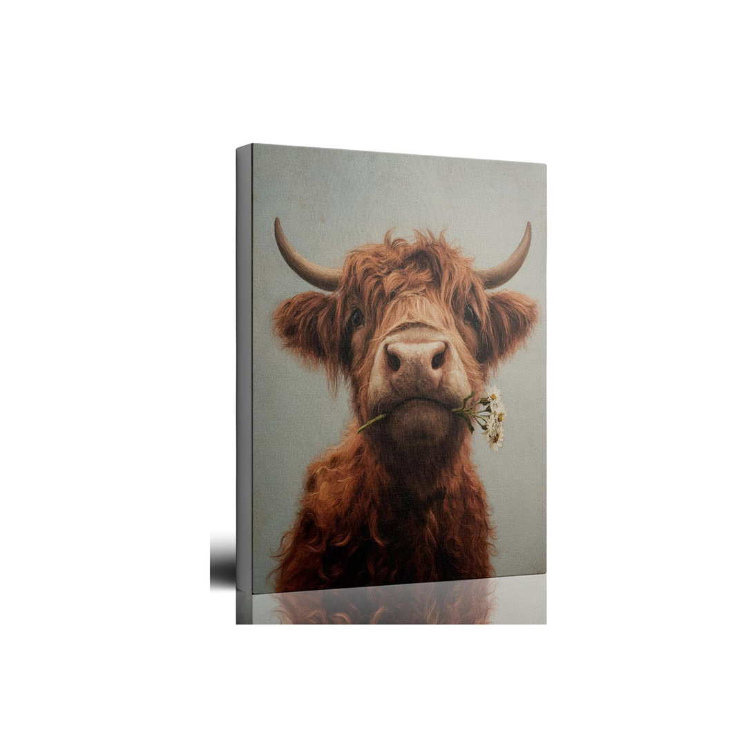 Highland Cow with Daisy Canvas Wall Art,Cute Farm Animal picture Print,Rustic Farmhouse Cow Portrait Wall Decor for Living Room,Bedroom,Bathroom 12x16