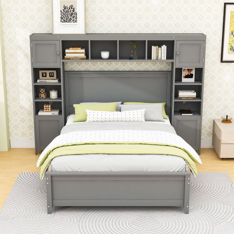 Lit plateforme double en bois avec tablettes, tiroirs et armoires de rangement intégrés, Gris